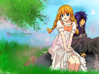 Anime couple sitting on rock - a manga drawing free wallpaper for desktop
