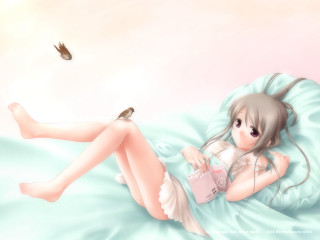 Woman bird bed anime dress - above her head free wallpaper