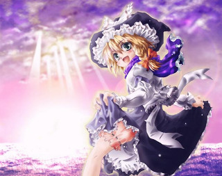 Anime girl dress hat sword - a purple sky in the background free wallpaper