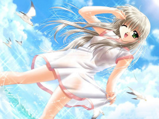 Girl flying birds blue sky - bird free wallpaper for desktop