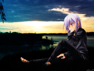 Sitting on grass near water - sunset free wallpaper