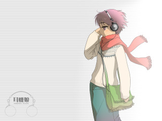 Anime person headphones scarf cellphone - a cell phone free wallpaper