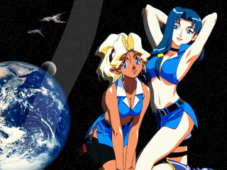 Two women blue outfits planet - overhead free wallpaper