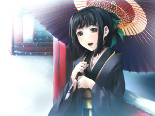 Woman kimono umbrella snow red - an umbrella in front free wallpaper