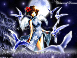Moonlight birds anime astronaut flowers - full free wallpaper