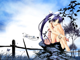 Girl sitting rock sword tree - a rock free wallpaper