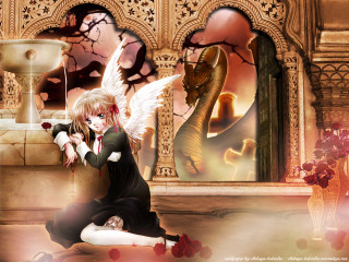Gothic anime angel woman fountain - flower in front free wallpaper
