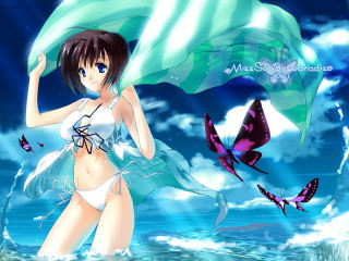 Woman bikini umbrella water butterflies - butterfly free wallpaper