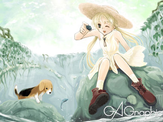 Girl dog sitting magicrealism mangadrawings - the ground behind her free wallpaper