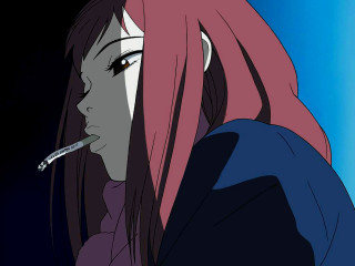 Woman pinkhair smoking cigarette darkroom - a blue sky behind her free wallpaper