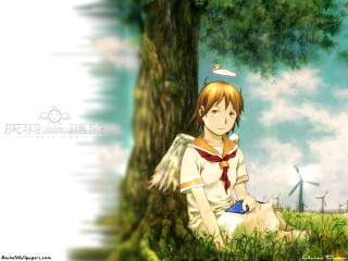Girl tree book windmill angel - under free wallpaper for desktop