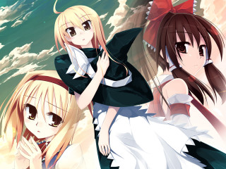Three anime girls water clouds - the background free wallpaper