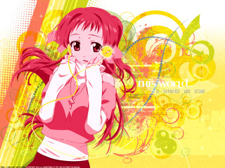 Girl longhair pinkshirt yellowbackground redeyes - a pink shirt free wallpaper