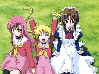 Three anime girls dresses field - a picture together free wallpaper