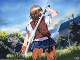 Girl sword zombies field armor - giantess art free wallpaper