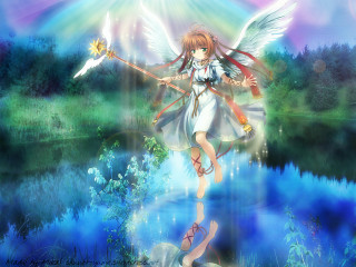 Girl sword wings river rainbow - a sword free wallpaper for desktop