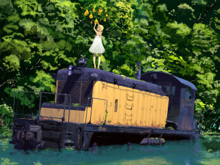 Woman train water forest pleinair - a digital painting free wallpaper