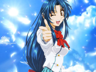 Blue haired girl thumbs up - a blue sky background free wallpaper