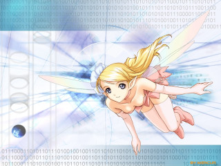 Angel fairy blonde haired flying - a blue background behind her free wallpaper