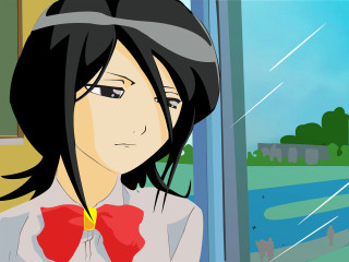 Cartoon girl window river castle - a red bow tie free wallpaper