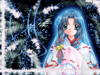 Blue hair miko snowfireworks kimono - holography free wallpaper