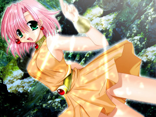 Pinkhair greeneyes yellowdress forest lensflare - tree and bushes behind her free wallpaper