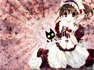 Girl cat autumn pink background - a chair in front free wallpaper