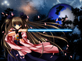 Girl sword fullmoon starry night - full free wallpaper