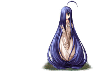 Bluehair animegirl sitting smiling longhair - her hand behind her head free wallpaper