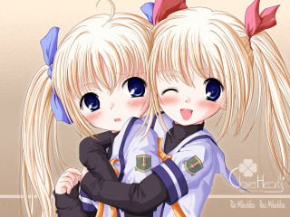 Anime girls hug blonde blue - their hair free wallpaper