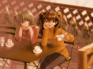 Two girls coffee cellphone anime - a camera free wallpaper