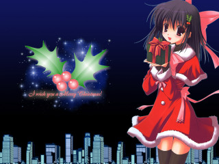 Girl red dress present cityscape - present free wallpaper