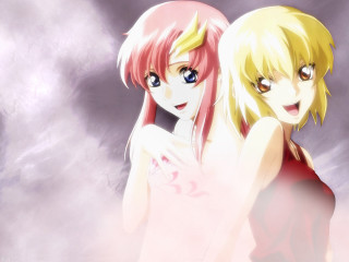 Blonde girls anime pink clouds - a purple background free wallpaper