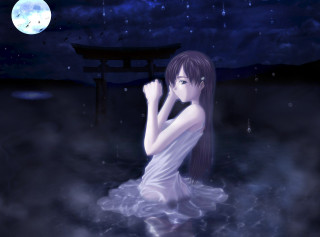Moonlit gothic anime woman water - a dark sky free wallpaper
