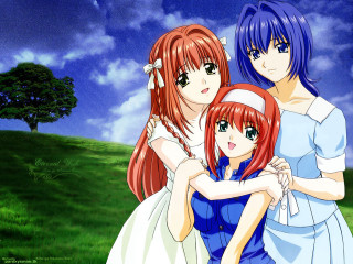 Three anime girls hug field - blue free wallpaper