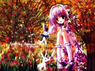 Autumn bunny girl flower tree - impressionism free wallpaper