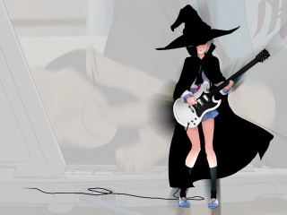 Witch girl guitar laptop school - anime visual free wallpaper