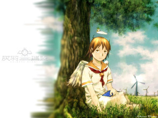 Girl tree bird wind turbine - aya goda free wallpaper