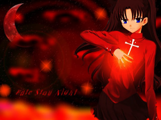 Girl red shirt cross crescent - a red moon free wallpaper