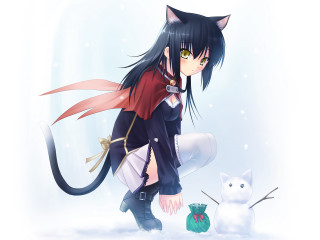 Anime girl black hair cat 2 - a white cat free wallpaper