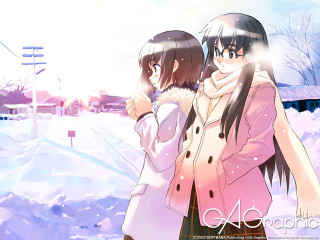 Two girls snow holding hands - the others hand free wallpaper
