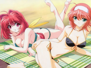 Beach bikinis headphones laying towel - two woman free wallpaper