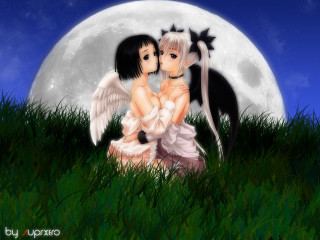 Anime girls fullmoon bamboo wings - bálint kiss free wallpaper