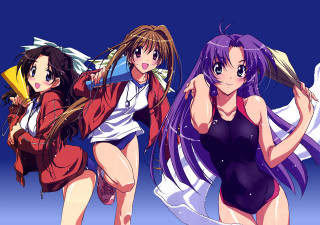 Three anime girls purple hair 4 - bathing free wallpaper