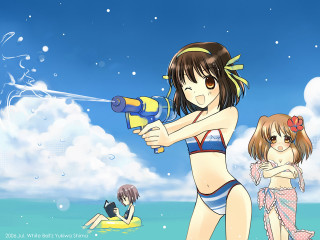Beach bikini girls water gun - a manga drawing free wallpaper for desktop