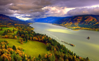 Large boat lake mountains trees - a matte painting free wallpaper