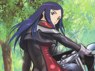 Woman motorcycle forest biker blue - black free wallpaper for desktop