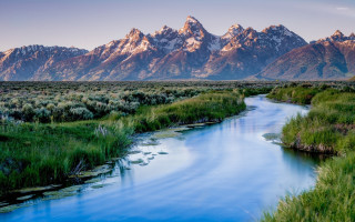 River lush green field mountain 2 - ansel adams free wallpaper