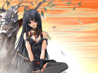 Woman rock knife demon autumn - her hand and a demon in the background free wallpaper