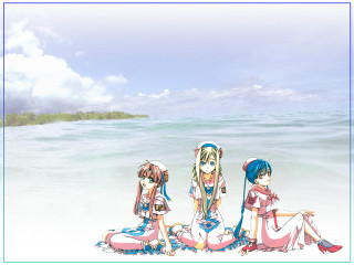 Three anime girls beach water - empty free wallpaper